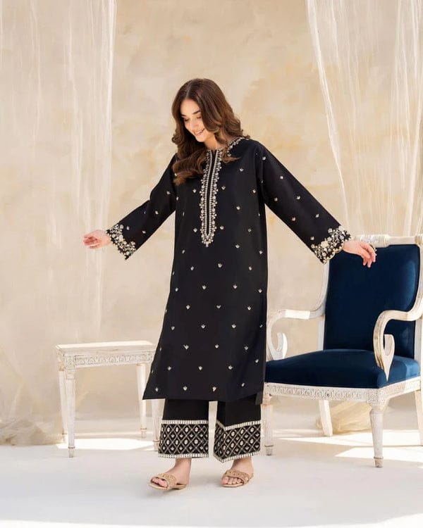 Riwaj Tan 2pc Stitched Suit Embroidered Shirt Premium Lilen (black)